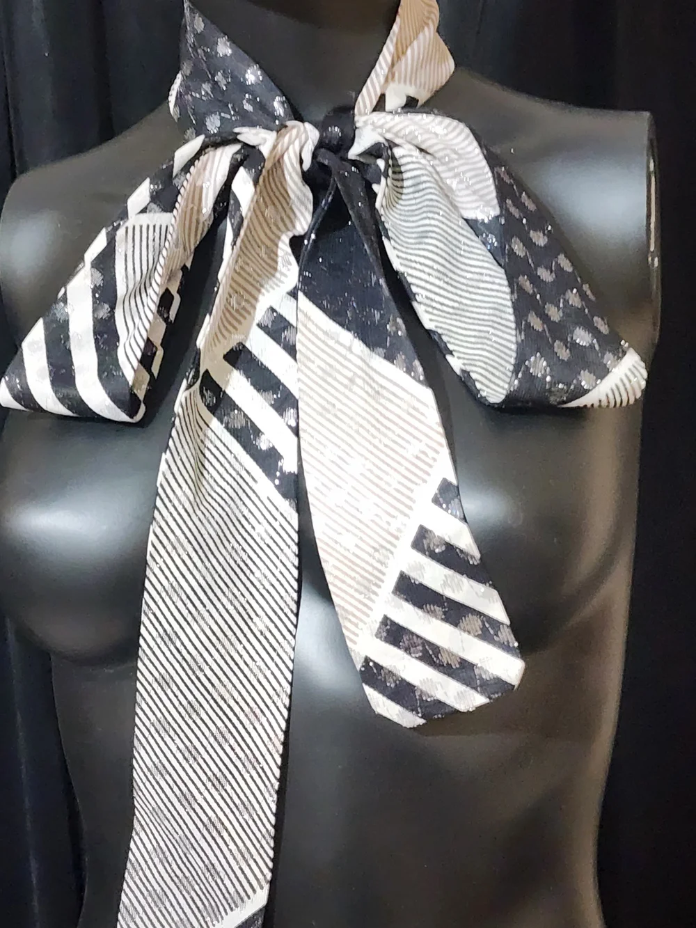 Vintage 80s Bow Neck Scarf Black White Striped Polka Dot Shimmer Oblong